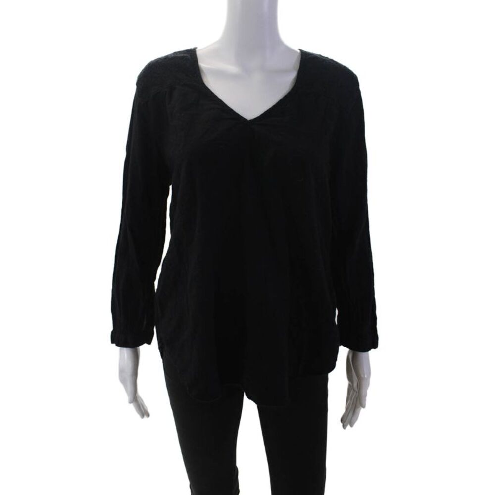 Current/Elliott Womens Cotton Textured V-Neck Long Sleeve Blouse Top Black Size2